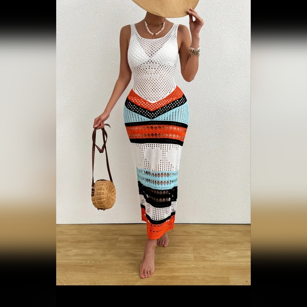 New Elegant Acrylic V-Neck Color Block Hollow Knit Fabric Cover-Up Dress